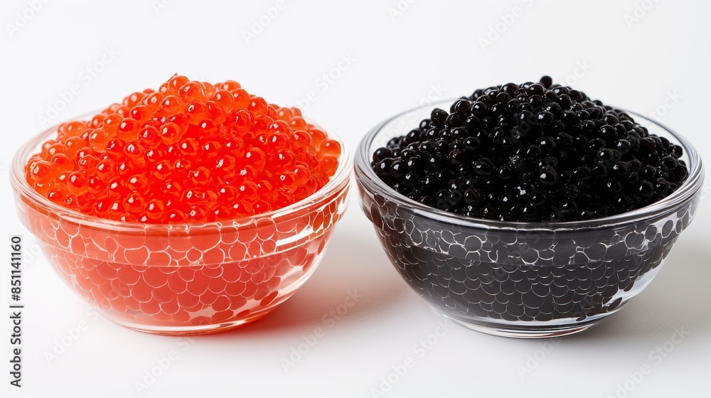Red and black caviar in a glass bowl on a white background Red and black caviar in a glass bowl on a white background
