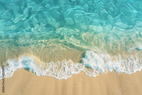A photorealistic beach scene with crystal clear turquoise water and golden sand, taken from above with a bird's eye view perspective.