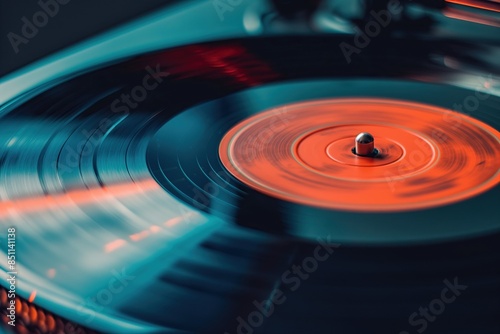 Close up of a vinyl record player with red vinyl disc. Shallow depth of field