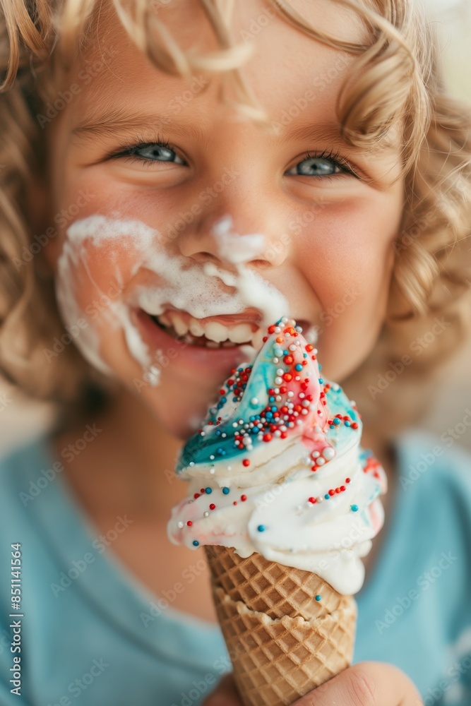 Young boy enjoys a delicious ice cream cone covered in colorful sprinkles, showcasing the joy and messiness of childhood treats Young boy enjoys a delicious ice cream cone covered in colorful sprinkles, showcasing the joy and messiness of childhood treats
