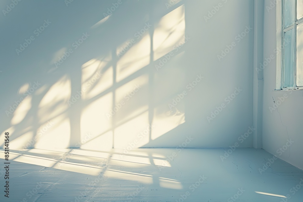 Obraz premium A soft, gentle light illuminates the white wall of an empty room. The shadows cast by the window create intricate patterns on the surface