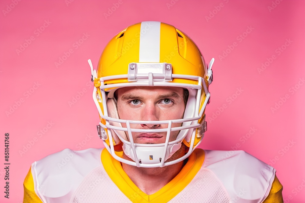 Portrait of a Focused Football Player in Bright Yellow Helmet and White Jersey Portrait of a Focused Football Player in Bright Yellow Helmet and White Jersey