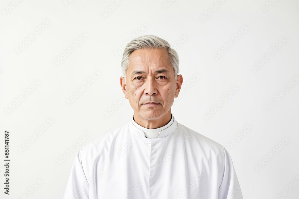 Portrait of a serious looking senior man wearing white clerical shirt Portrait of a serious looking senior man wearing white clerical shirt
