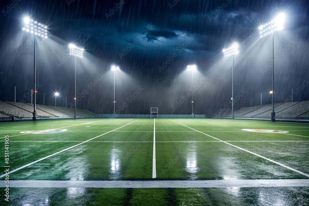 Rainy Night at Empty, Floodlit Soccer Field with Stadium Seating Rainy Night at Empty, Floodlit Soccer Field with Stadium Seating