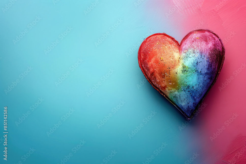 A colorful heart is on a blue background. The heart is made of different colors and is placed on a wall A colorful heart is on a blue background. The heart is made of different colors and is placed on a wall