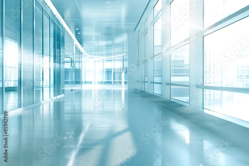 Blurred background of a modern office interior with white walls and glass windows. An abstract motion blurred   © Rayhanbp