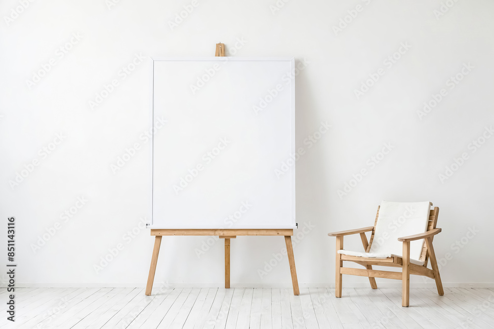 Blank Canvas with Wooden Chair in a Minimalist Room Blank Canvas with Wooden Chair in a Minimalist Room