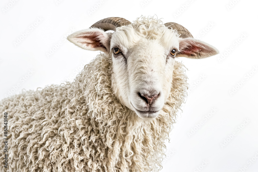 Close-up portrait of a fluffy sheep with horns