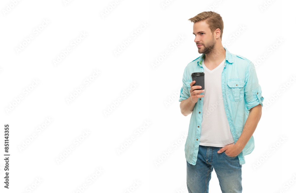 © be free - Millennial man having coffee cup isolated on white. Morning coffee time. Lifestyle concept. Drinking espresso. Man drinking tea. Warm morning. Coffee break at home. Banner advertisement