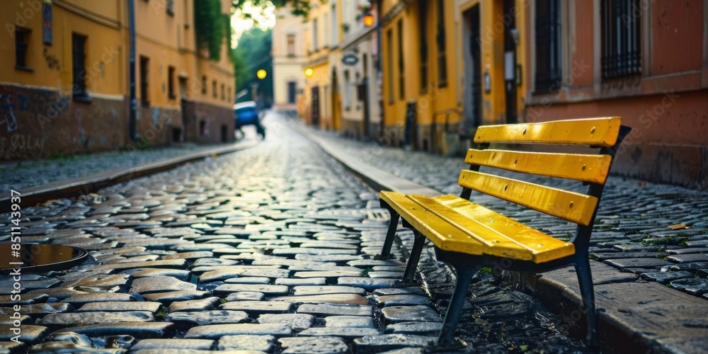 Fototapeta premium Lonely Yellow Bench on a European Cobblestone Street: A Serene Outdoor Scene Perfect for Travel, Solitude, and Lifestyle Reflections. High-Resolution AI-Generated Wallpaper Background.