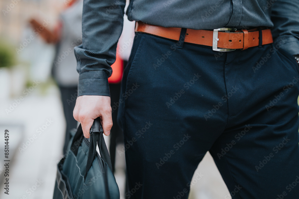 Close-up shot of a businessman holding a briefcase while attending an outdoor meeting with colleagues, focusing on professional attire and interaction. Close-up shot of a businessman holding a briefcase while attending an outdoor meeting with colleagues, focusing on professional attire and interaction.