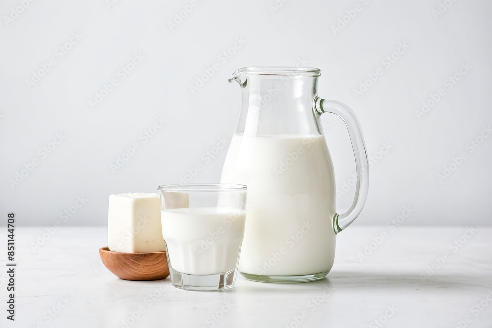 Milk in a glass and pitcher on a white background Milk in a glass and pitcher on a white background