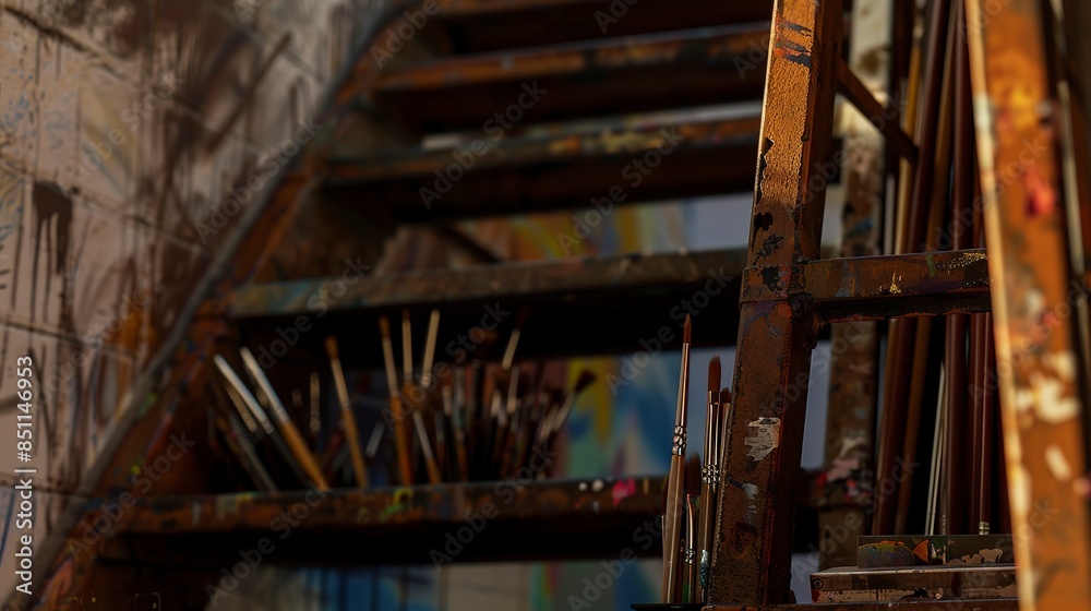 Fire escape steps with art supplies, close-up, soft ambient light, creative setting, textured surfaces, urban artist's spot. Fire escape steps with art supplies, close-up, soft ambient light, creative setting, textured surfaces, urban artist's spot.