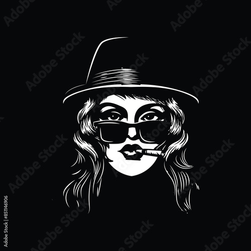 Woman Girl Lady with Cowboy Hat with Glasses and Cigarettes on Dark Black Background Illustration