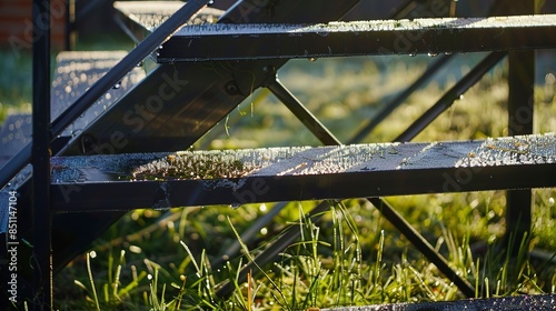 Fire escape steps with dew-covered grass, close-up, early morning light, smooth metal, fresh nature, serene vibe. 