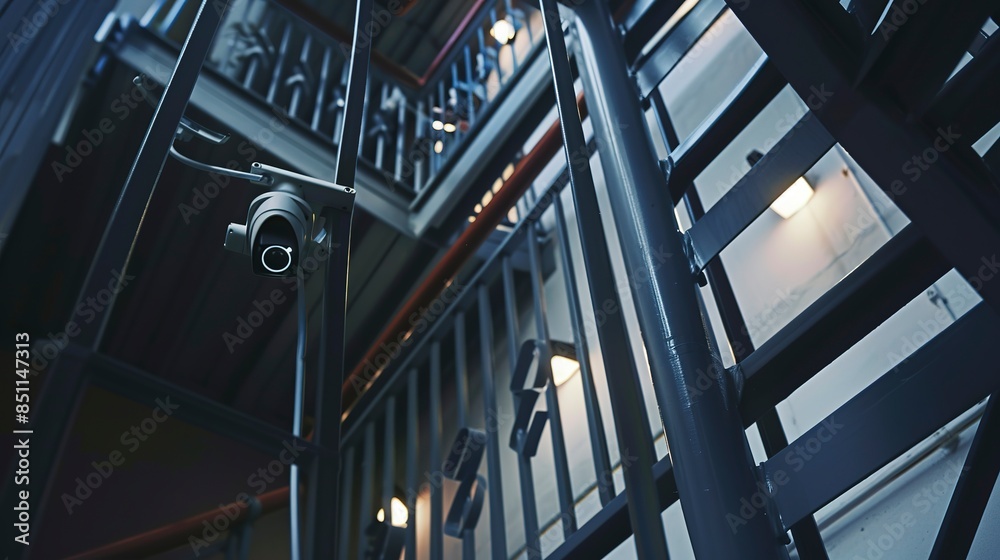 Fire escape with smart security camera mounted, close-up, bright artificial light, polished metal, tech-savvy environment. Fire escape with smart security camera mounted, close-up, bright artificial light, polished metal, tech-savvy environment.