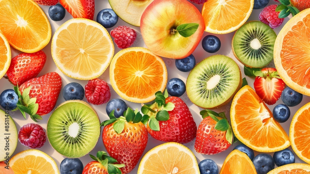 A light backdrop showcasing a seamless pattern of vibrant fruits: apples, oranges, blueberries, strawberries, and kiwi, cheerful and fresh
