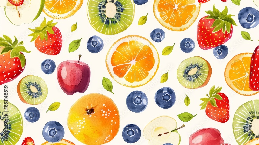 A light backdrop showcasing a seamless pattern of vibrant fruits: apples, oranges, blueberries, strawberries, and kiwi, cheerful and fresh A light backdrop showcasing a seamless pattern of vibrant fruits: apples, oranges, blueberries, strawberries, and kiwi, cheerful and fresh