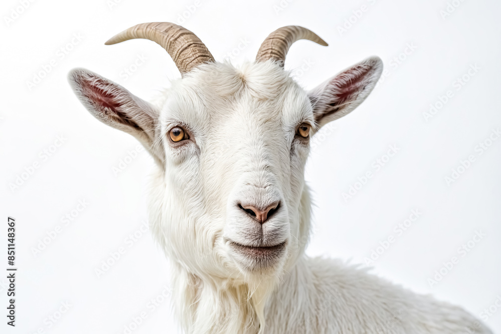 Close-up of a white goat's face with soft fur and brown eyes Close-up of a white goat's face with soft fur and brown eyes