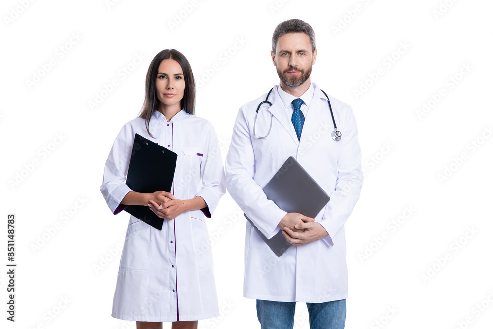 prescriber physician with nurse hold prescription clipboard with medical record isolated on white, medicine and healthcare prescriber physician with nurse hold prescription clipboard with medical record isolated on white, medicine and healthcare
