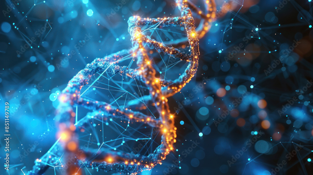 A DNA strand is shown in a blue and orange color scheme. The image is abstract and has a futuristic feel to it A DNA strand is shown in a blue and orange color scheme. The image is abstract and has a futuristic feel to it