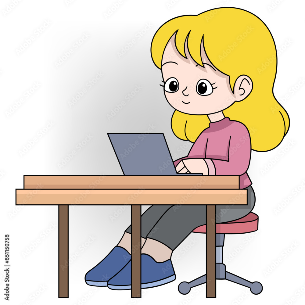 beautiful girl is sitting using a laptop to complete homework beautiful girl is sitting using a laptop to complete homework