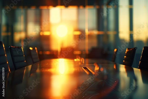 Wallpaper Mural A blurred background of an office boardroom with glass walls, featuring chairs and tables, captured in a closeup shot. The focus is on the conference table at center frame, reflecting light from outsi Torontodigital.ca