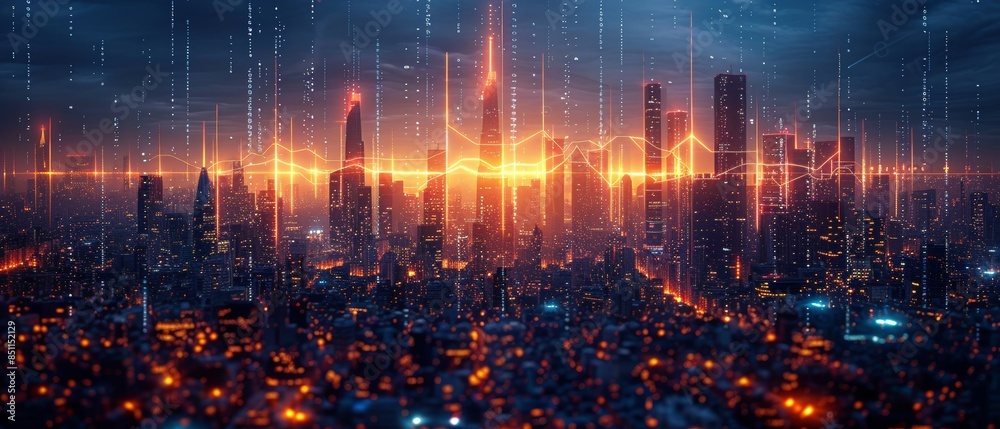 City skyline with up-down line graph. City skyline with up-down line graph.