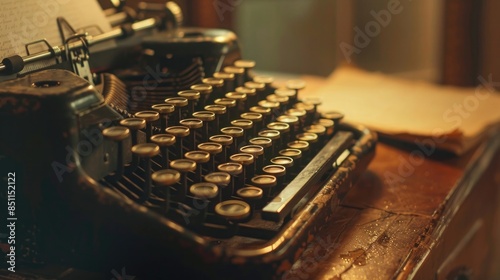 An old-fashioned typewriter with a partially typed manuscript, evoking the romance of writing in a bygone era, with soft lighting highlighting the det photo