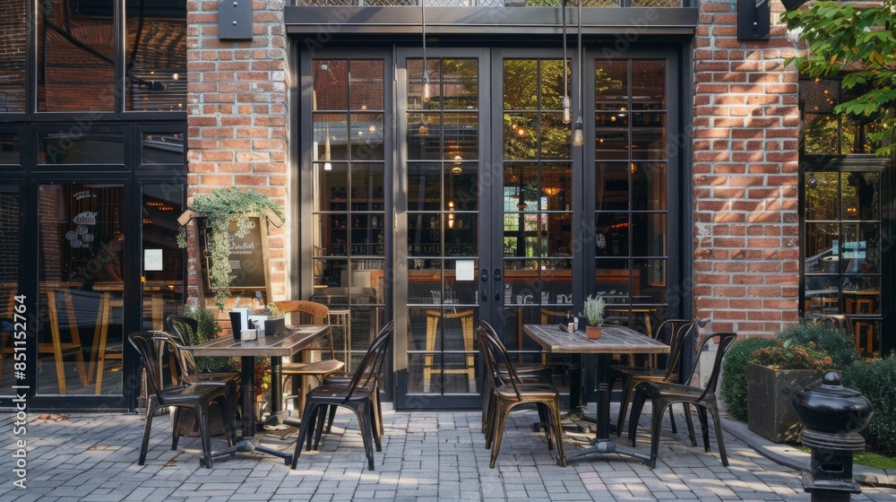 custom made wallpaper toronto digitalAn outdoor patio seating area in front of a brick building. There are tables and chairs set up for dining, with large windows behind them offering a glimpse into the interior of the restaurant.