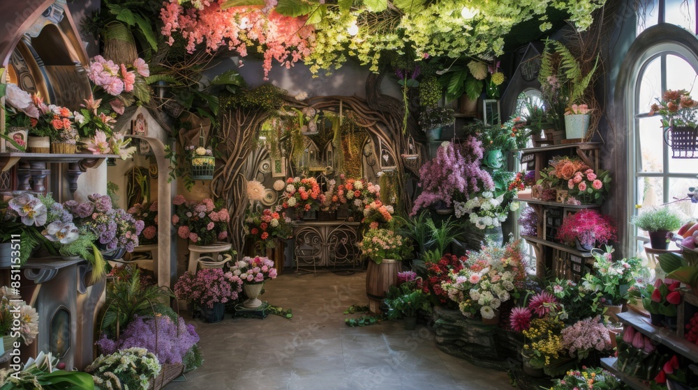 A flower shop interior with floral arrangements displayed on shelves and vines decorating the walls.