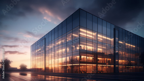 A sleek glass office building glowing with warm light against the backdrop of a dusky evening sky © SHAPTOS