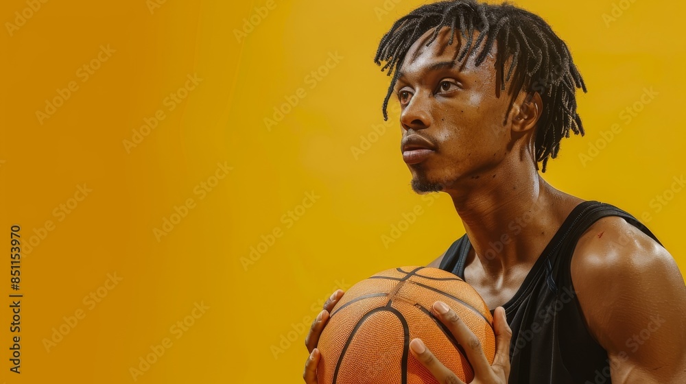 A basketball player taking a free throw, focused expression, set against a yellow background.