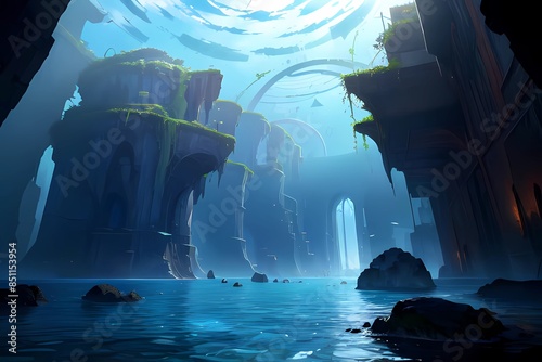 ファンタジーゲーム背景 水中ダンジョンにあらわれた古代遺跡神殿