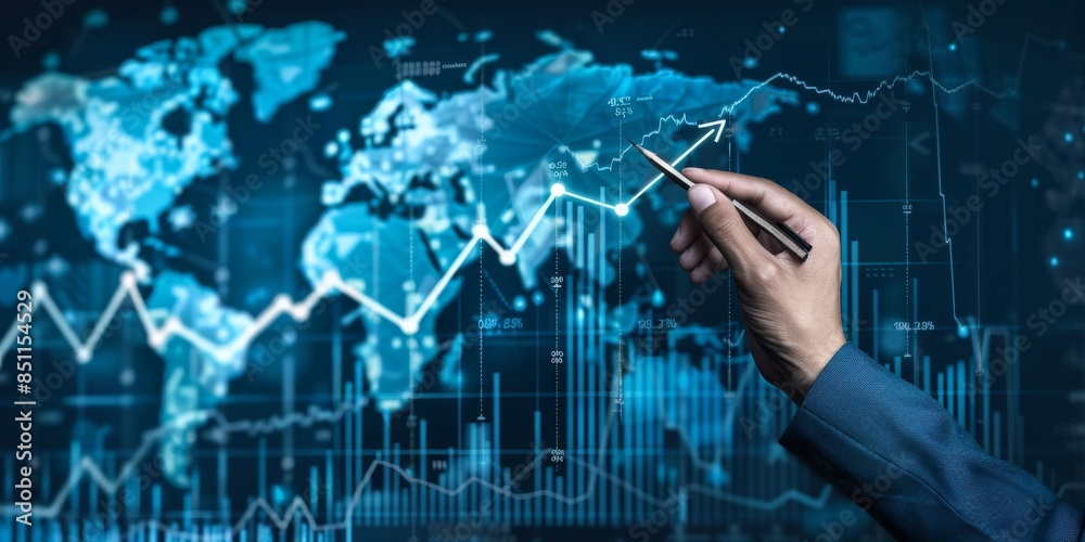 A hand drawing upward arrows on digital graphs, representing growth and progress in business or finance, with background of world map and financial charts A hand drawing upward arrows on digital graphs, representing growth and progress in business or finance, with background of world map and financial charts