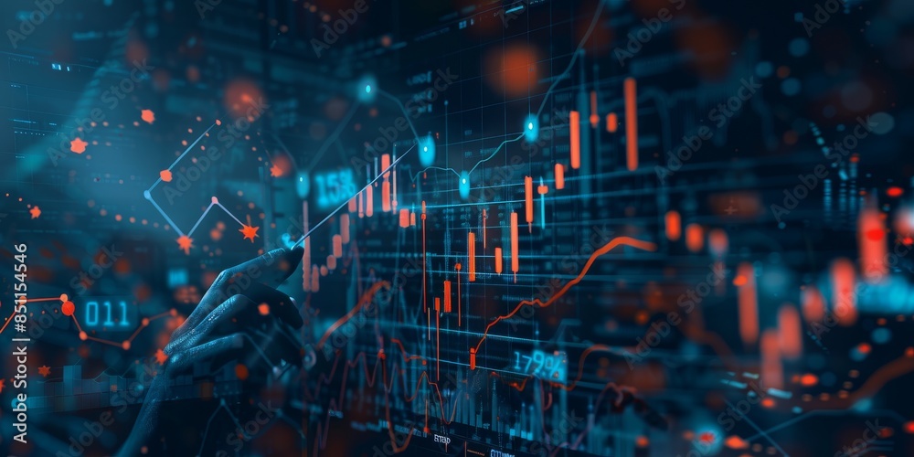 A hand holding an arrow pointing upwards, with digital graphs and charts in the background representing growth or market performance A hand holding an arrow pointing upwards, with digital graphs and charts in the background representing growth or market performance
