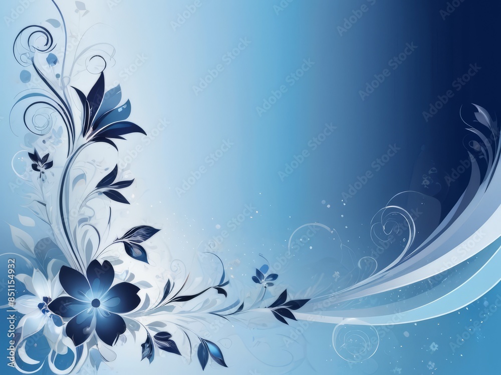 Abstract floral composition in a  blue gradient palette, wide copy space on light blue background