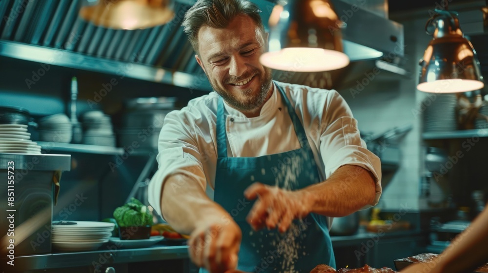 Professional chefs cooking together in a busy commercial kitchen preparing delicious food for a large event Professional chefs cooking together in a busy commercial kitchen preparing delicious food for a large event
