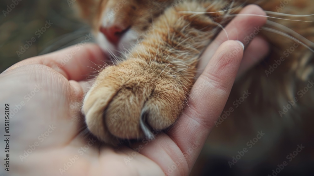 Obraz premium A close-up of a human hand gently holding a cat's paw in a natural outdoor, trust and companionship during person and animal, kitten and human, cat and relationship together.