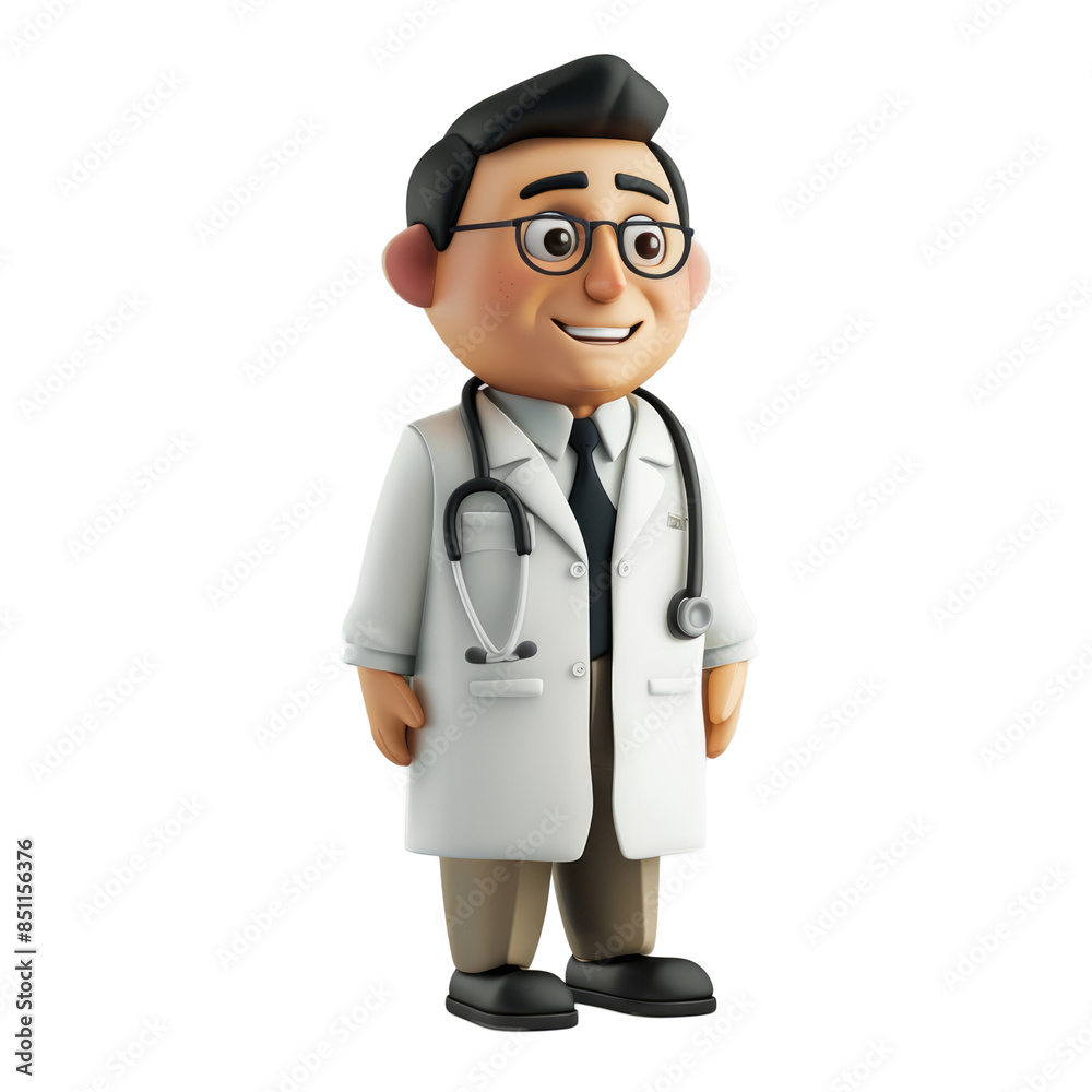Sweet 3D doctor character with a friendly smile, placed on a plain white background Sweet 3D doctor character with a friendly smile, placed on a plain white background