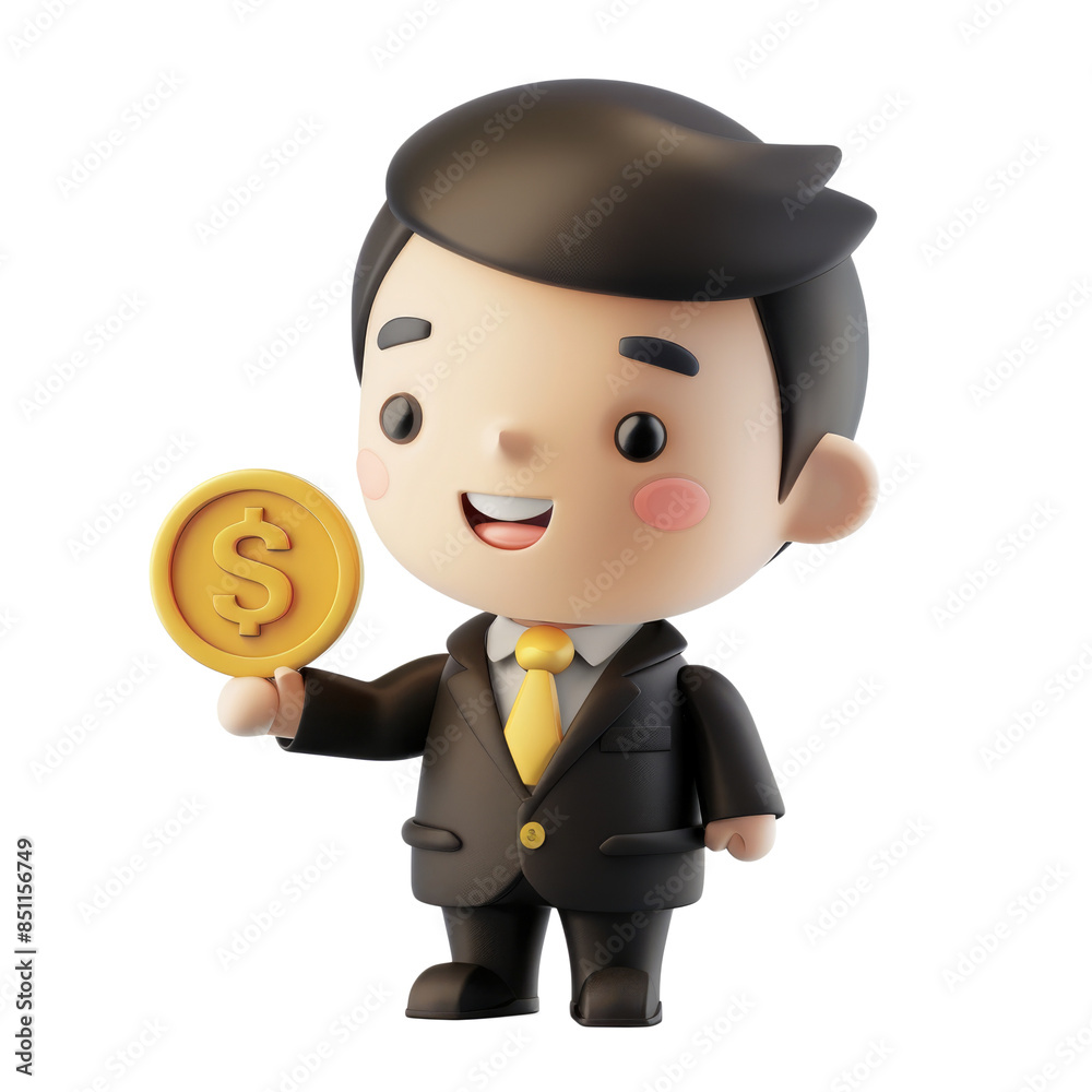 A cute 3D business character holding a coin with an upward arrow on a solid white background A cute 3D business character holding a coin with an upward arrow on a solid white background