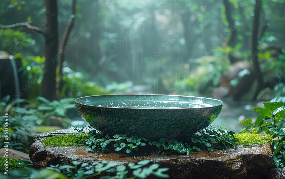 Serene empty ceramic bowl on a natural stone platform surrounded by lush green foliage in a tranquil forest setting Serene empty ceramic bowl on a natural stone platform surrounded by lush green foliage in a tranquil forest setting