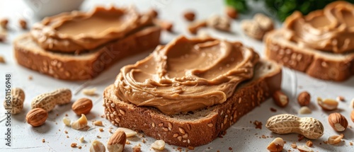 Slice of bread with smooth peanut butter spread and peanuts on a white background