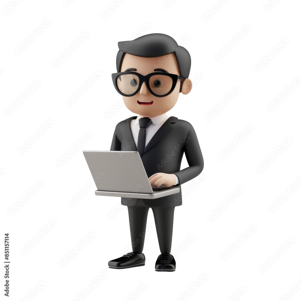 Adorable 3D business figure using a laptop, set on a solid white backdrop Adorable 3D business figure using a laptop, set on a solid white backdrop