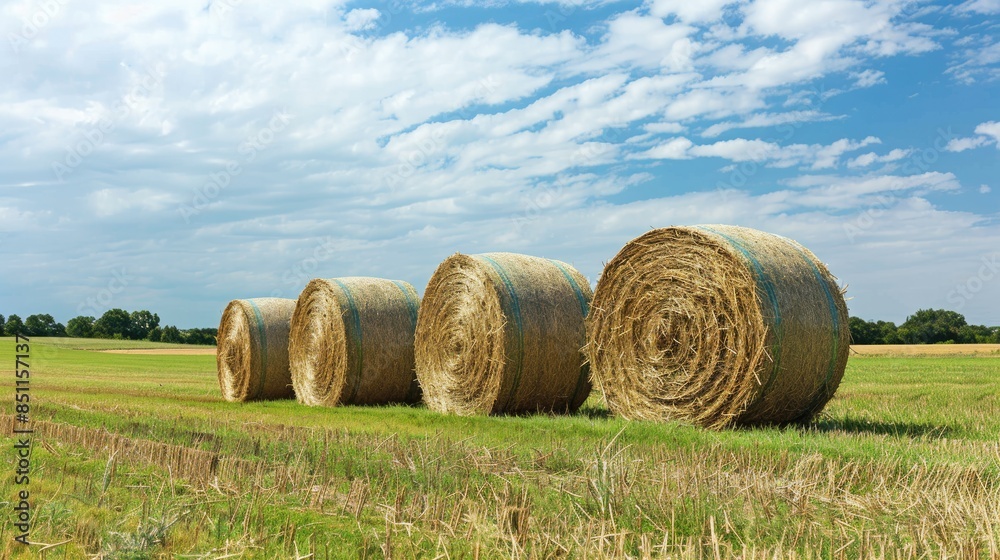 Round hay bales in a rural setting with green fields and blue sky Round hay bales in a rural setting with green fields and blue sky