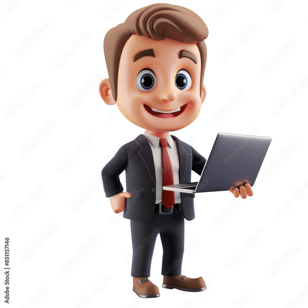 Charming 3D business character holding a laptop, depicted on a white background Charming 3D business character holding a laptop, depicted on a white background