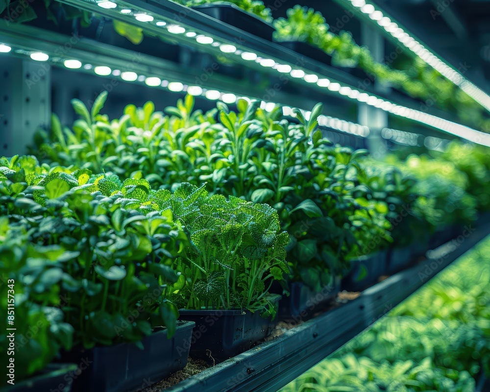 Vertical farming with lush, green plants in an indoor garden under artificial lights Sustainable urban agriculture concept Vertical farming with lush, green plants in an indoor garden under artificial lights Sustainable urban agriculture concept