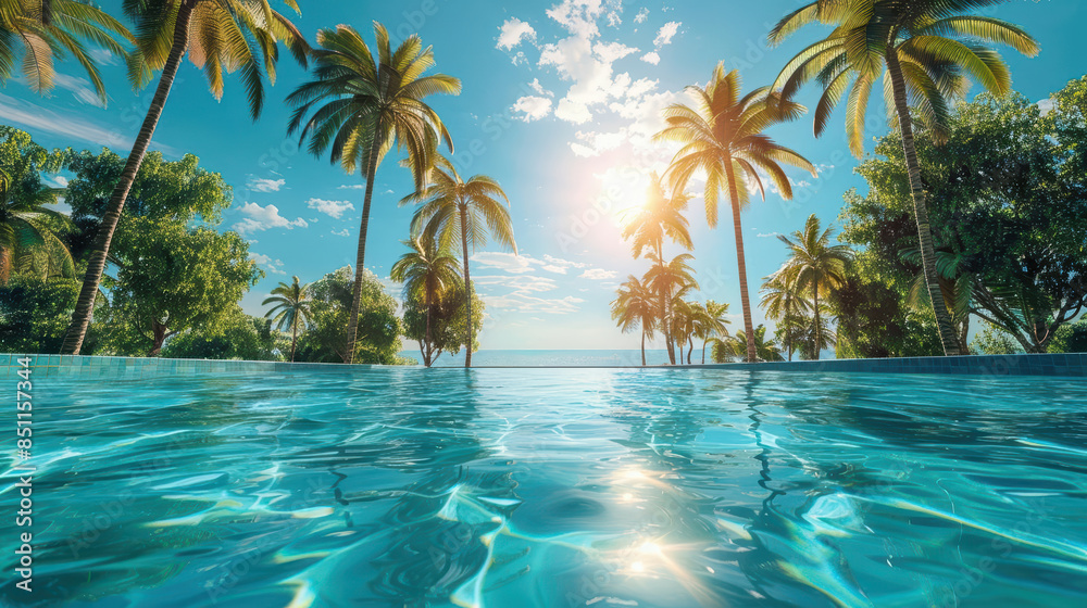 Obraz premium Tropical resort pool surrounded by palm trees under a bright sunny sky, offering a serene vacation destination with crystal clear waters and luxury amenities