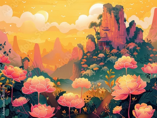 Scenic mountain landscape with pink lotus flowers and castle in the background