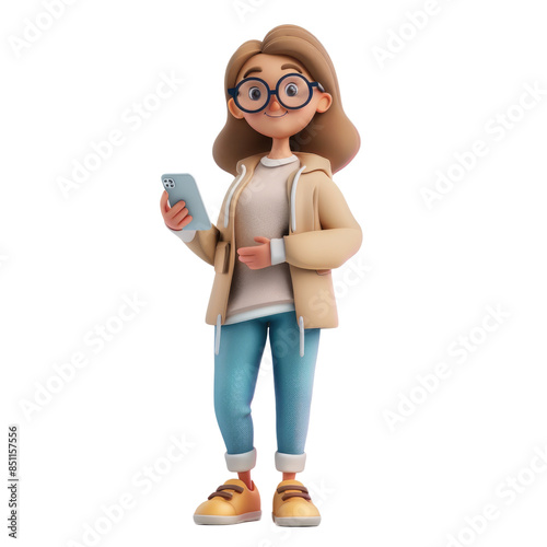 A cute 3D character of a woman holding a smartphone on a solid white background